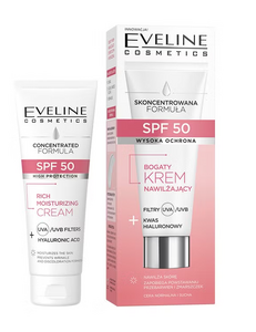 EVELINE SPF 50 RICH MOISTURIZING CREAM CONCENTRATED FORMULA HYALURONIC ACID